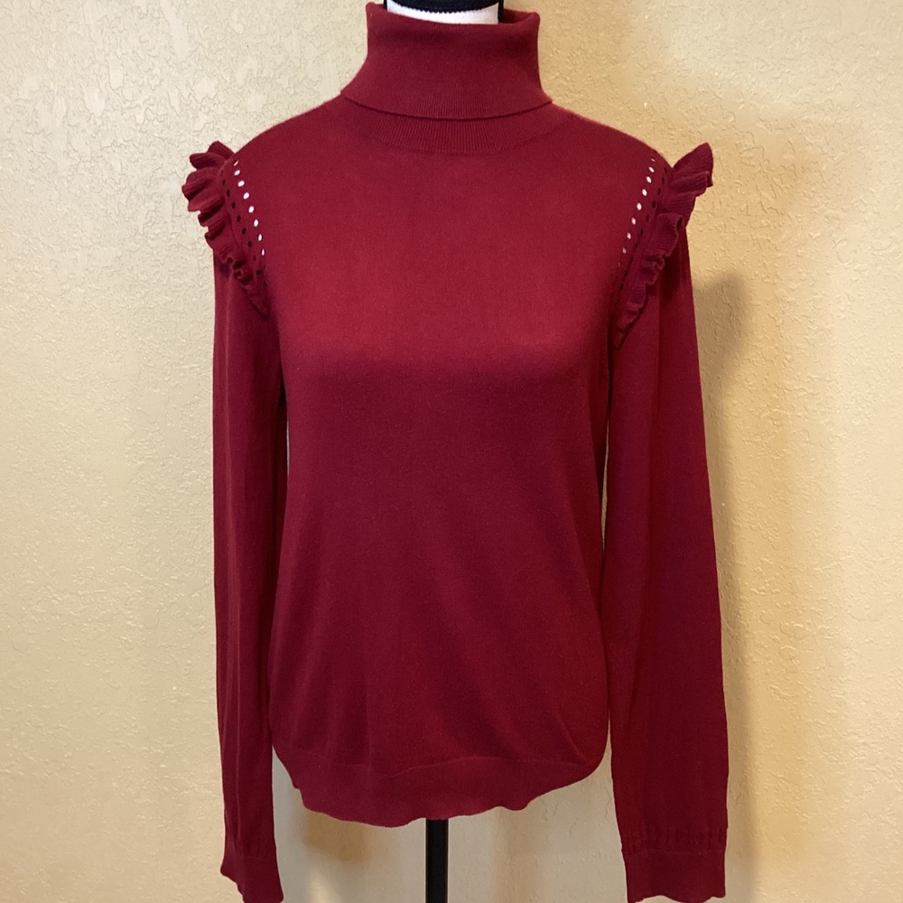 Kate Spade New York Ruffle Turtleneck Sweater in Burgundy, Size Medium